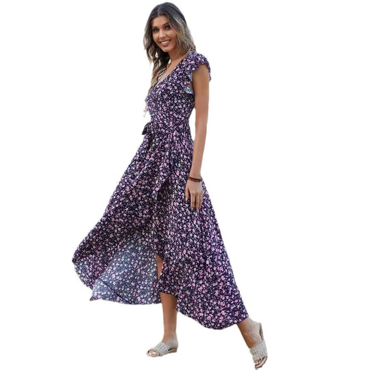 Damen Maxikleid mit verspieltem Flatterärmel und tiefem V-Ausschnitt EB