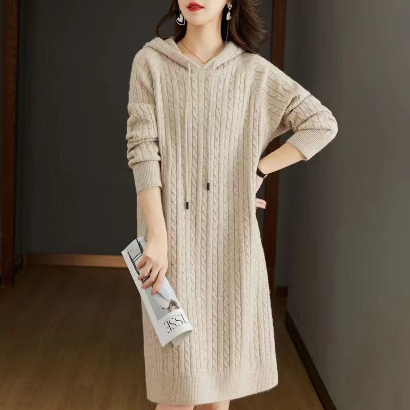 Damen Strick-Hoodie-Kleid mit Kordelzug EB