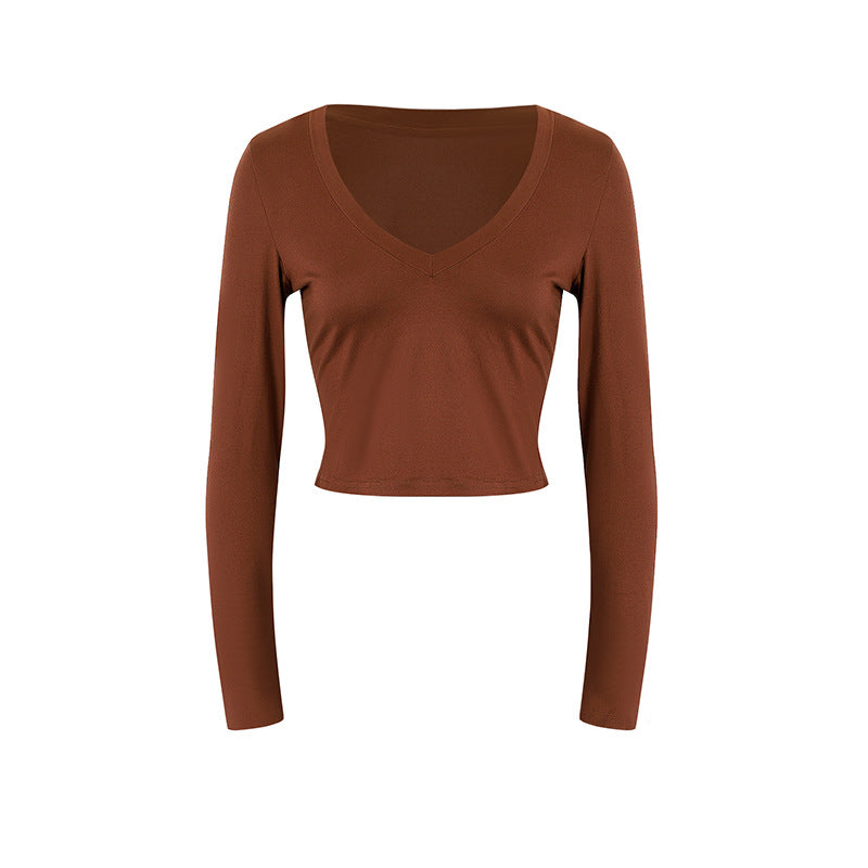 Damen cropped Langarmshirt mit V-Ausschnitt und elastischem Material EB