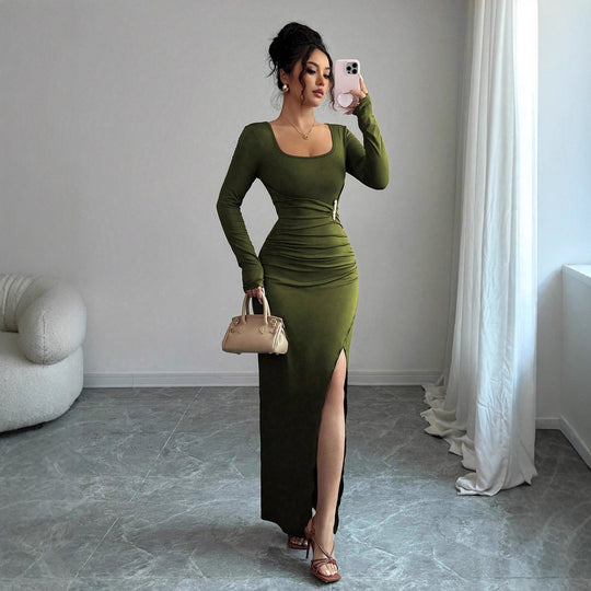 Damen nan körpernahes Maxikleid mit Quadratausschnitt, taillierter Raffung und hohem Seitenschlitz EB