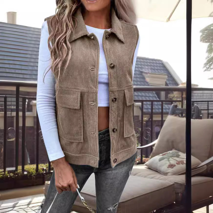 Damen lässige Weste mit praktischen Taschen und strukturiertem Cordmaterial EB