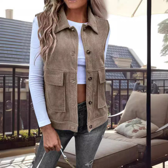 Damen lässige Weste mit praktischen Taschen und strukturiertem Cordmaterial EB