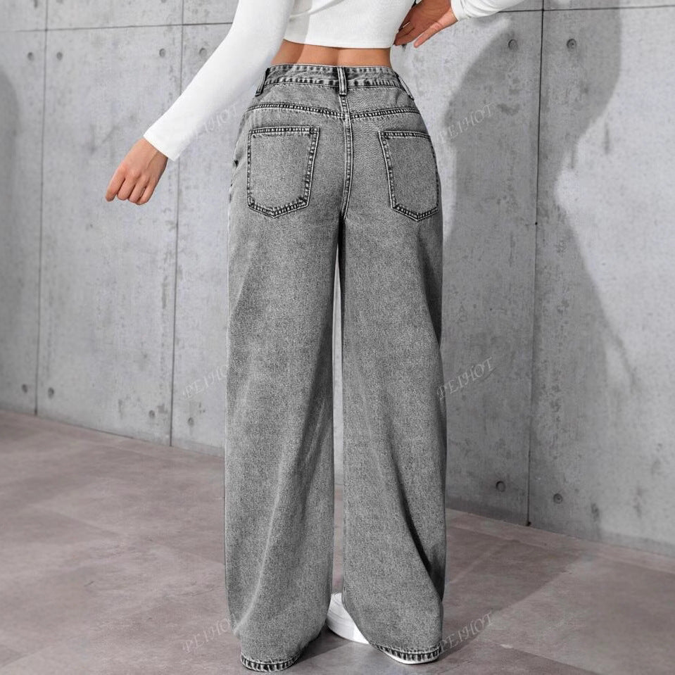 Damen Weit geschnittene Jeans mit kräftigen Kontrastnähten und verspielt gestickten Taschen EB
