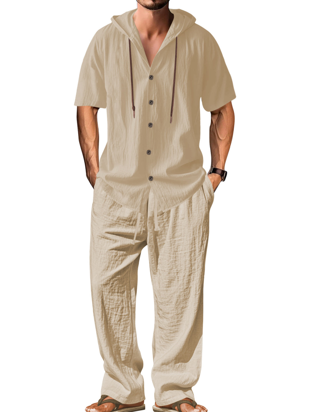 Herren nan luftiges Leinen-Lounge-Set mit kurzärmeligem Kapuzenhemd und gerader Relaxhose EB