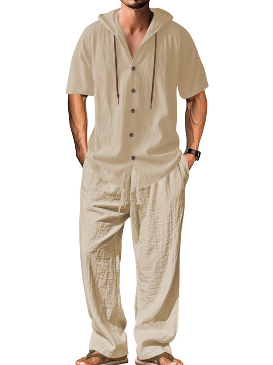 Herren nan luftiges Leinen-Lounge-Set mit kurzärmeligem Kapuzenhemd und gerader Relaxhose EB