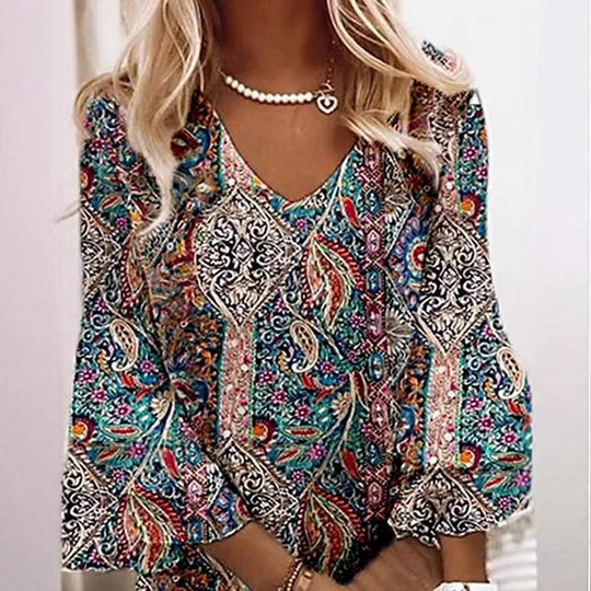 Damen nan Boho-Paisley-Tunikakleid mit V-Ausschnitt und dreiviertel Glockenärmeln EB