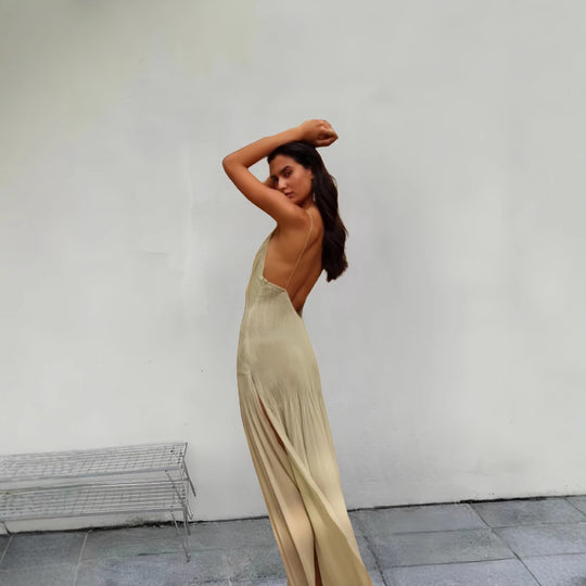 Damen Fließendes Maxikleid mit elegantem V-Ausschnitt und schwingendem Saum EB