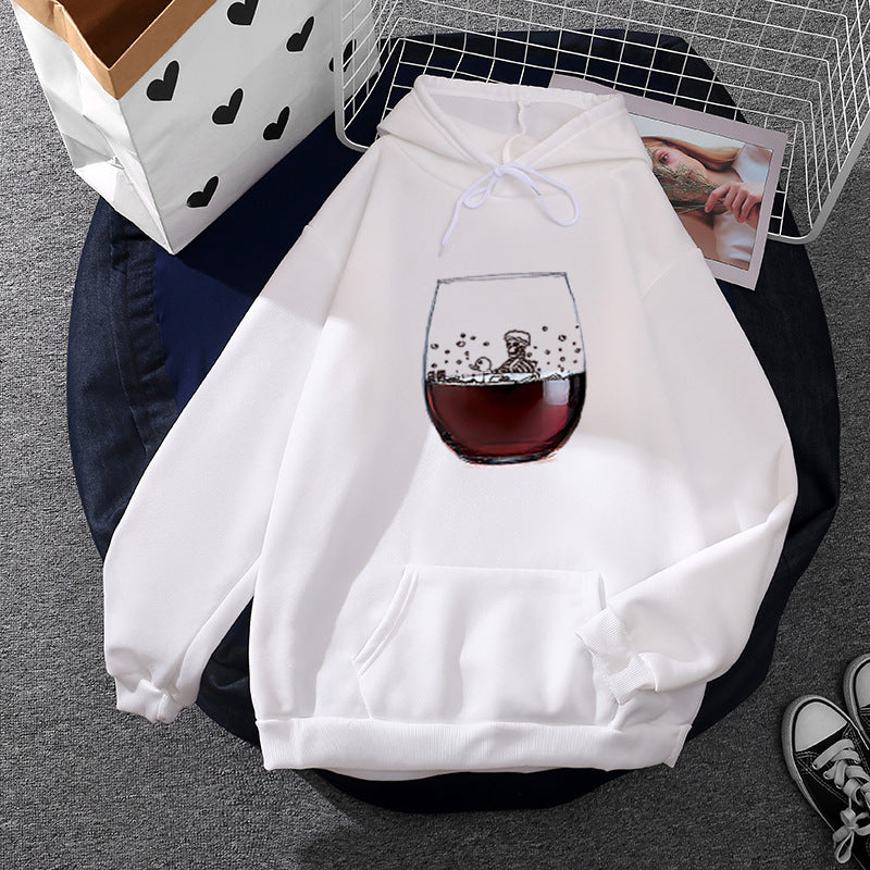 Damen nan lässiger Kapuzenhoodie mit fotorealistischer Weinglas‑Grafik, Kängurutasche und weichem Fleece EB
