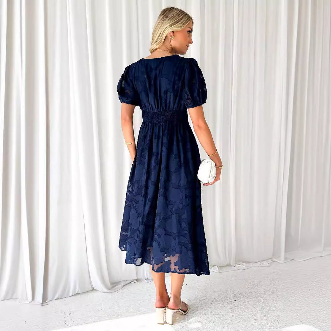 Damen Midi-Kleid mit grafischem Auschnitt und Puffärmeln EB