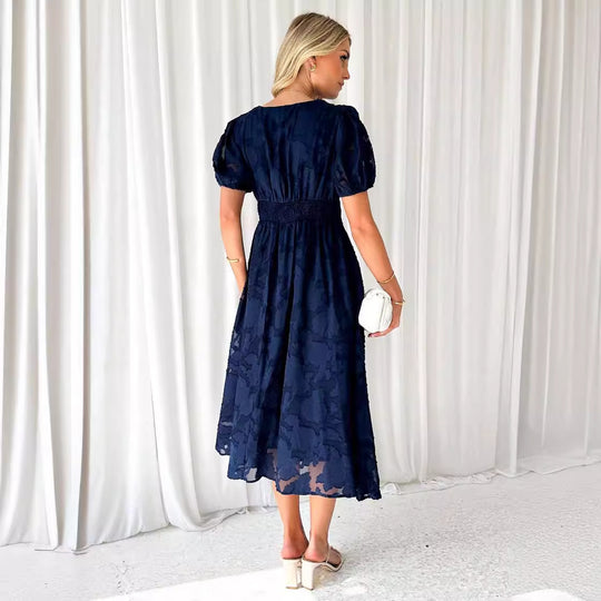 Damen Midi-Kleid mit grafischem Auschnitt und Puffärmeln EB