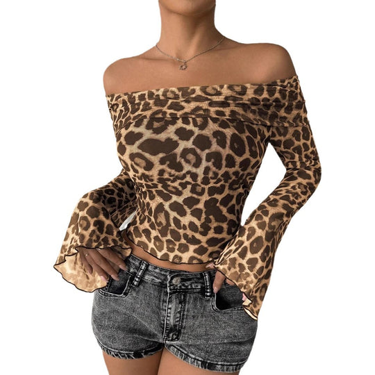 Damen Off-Shoulder Oberteil mit Leopardenmuster und fließenden Ärmeln EB