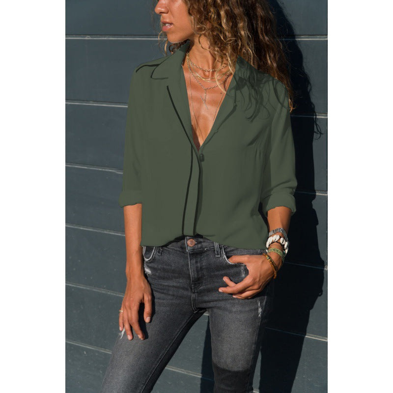 Damen Elegante Bluse mit Kontrastpaspel, V‑Ausschnitt und krempelbaren Ärmeln EB