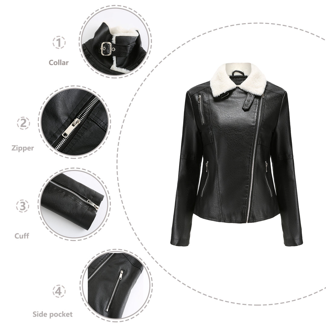 Damen nan taillierte Kunstleder-Bikerjacke mit abnehmbarem Kunstfellkragen und schrägem Reißverschluss EB