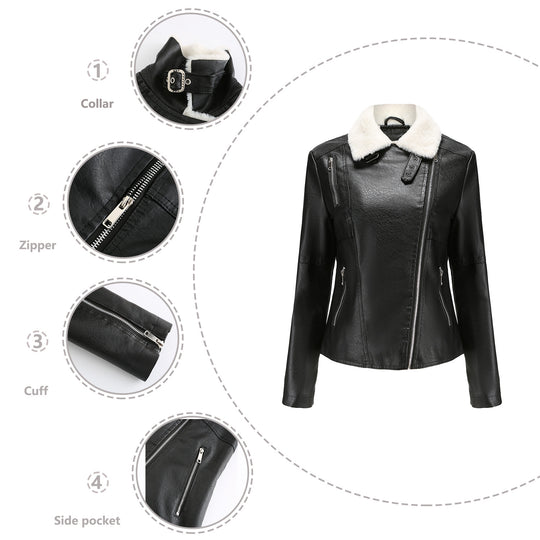Damen nan taillierte Kunstleder-Bikerjacke mit abnehmbarem Kunstfellkragen und schrägem Reißverschluss EB
