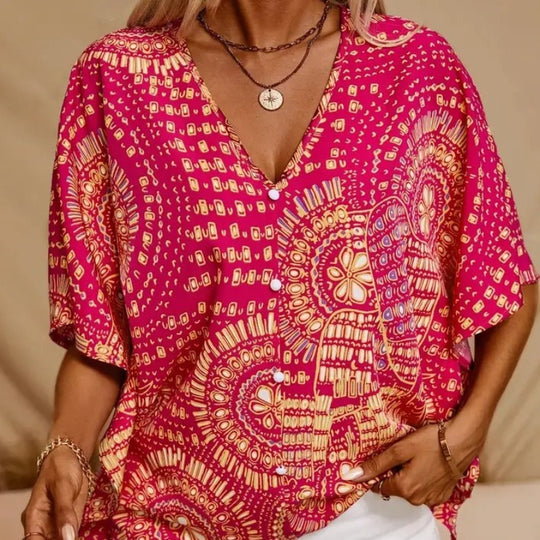 Damen Strandbluse im lässigen Boho-Stil mit bunten Mustern und voluminösen Ärmeln EB