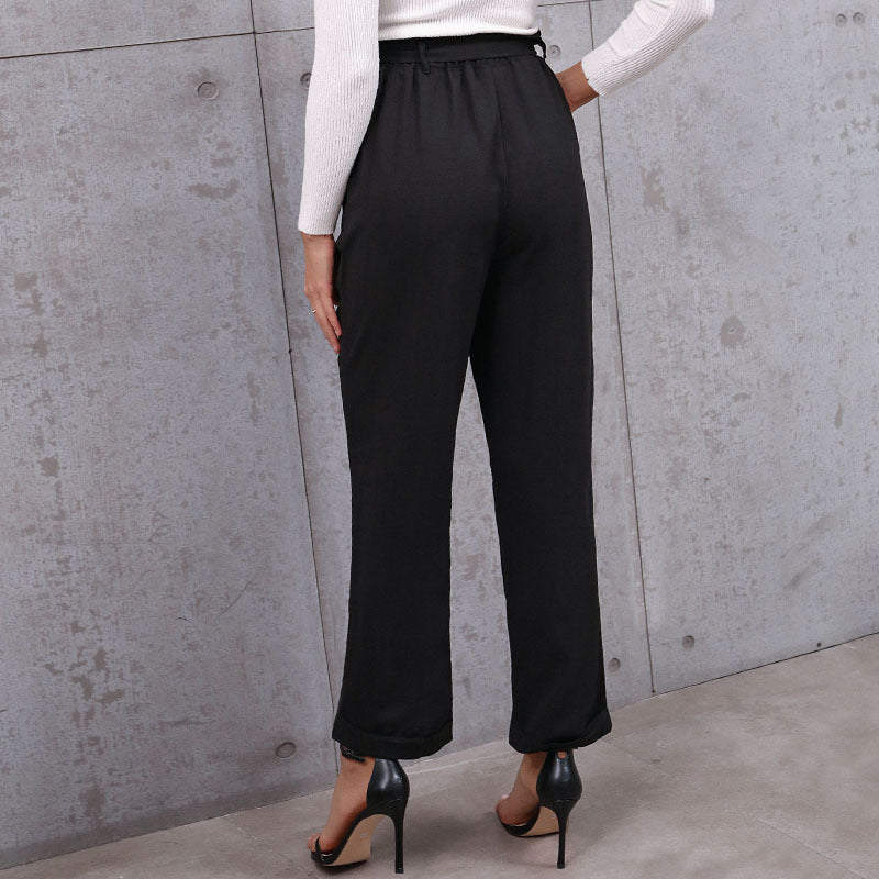 Damen elegante High-Waist-Hose mit Bindegürtel und weit geschnittenem Bein EB
