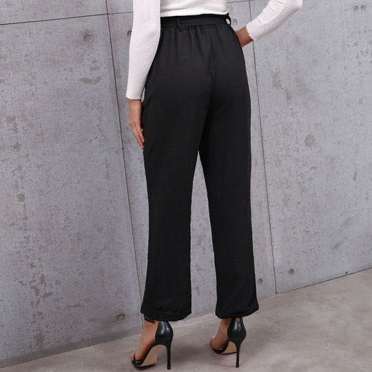 Damen elegante High-Waist-Hose mit Bindegürtel und weit geschnittenem Bein EB