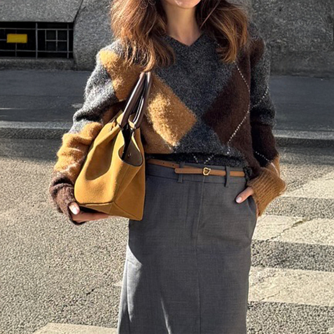 Damen nan oversized Argyle-Strickpullover mit kastigem Schnitt und geripptem Rundhalsausschnitt EB