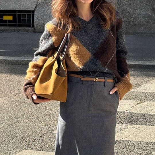Damen nan oversized Argyle-Strickpullover mit kastigem Schnitt und geripptem Rundhalsausschnitt EB