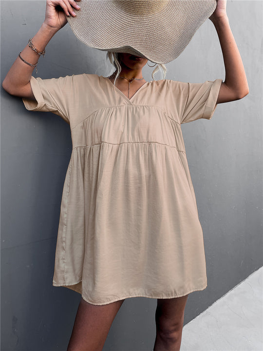 Damen lässiges V-Ausschnitt Sommerkleid mit taillierter Passform und leichtem Stoff EB