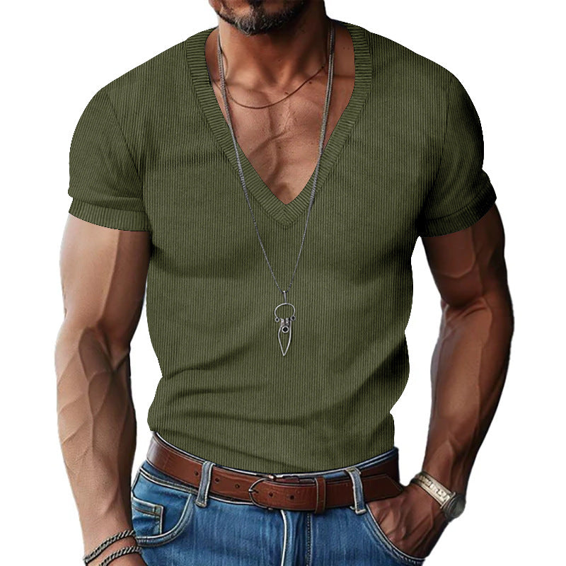 Herren nan strukturiertes V-Ausschnitt-Rippjersey-Shirt mit kurzem Arm und körpernaher Passform EB