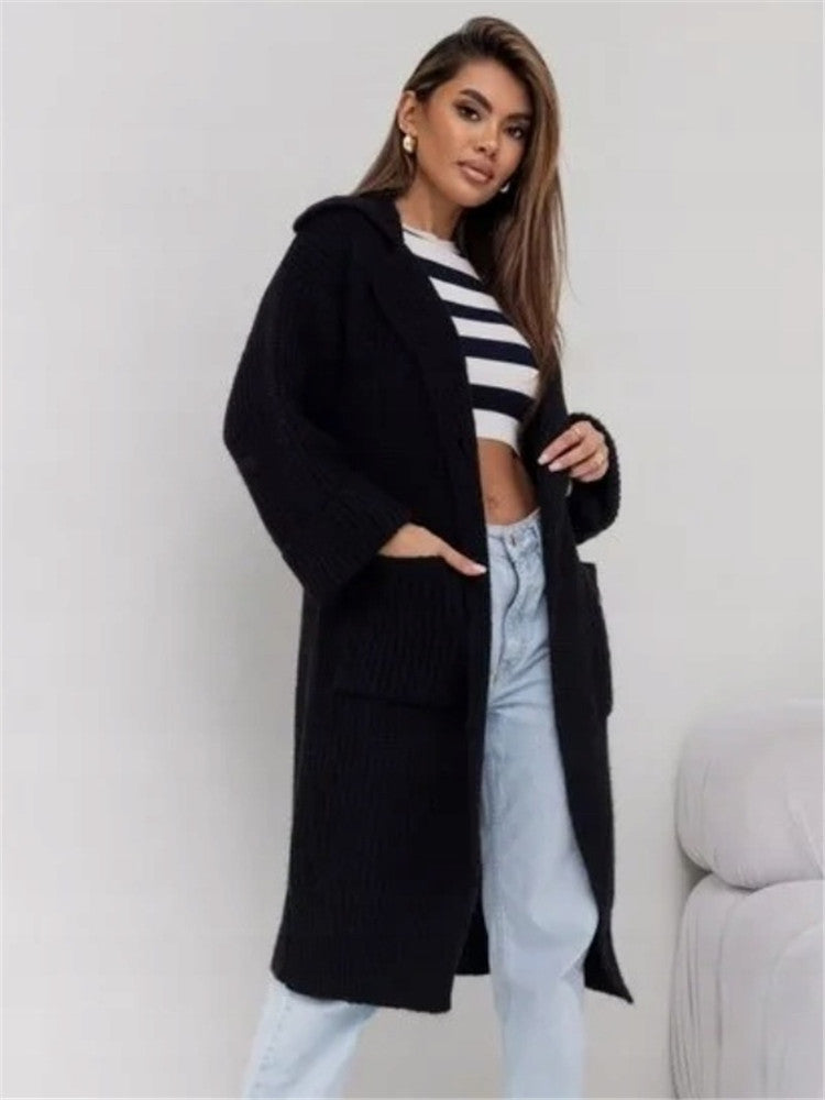 Damen Langstrickjacke mit großem Kragen und praktischen Taschen EB