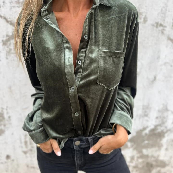 Damen Elegante Satinbluse mit klassischem Kragen und Brusttasche EB