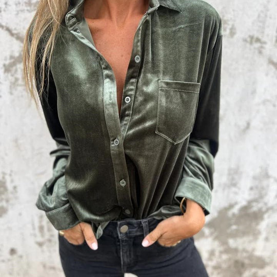 Damen Elegante Satinbluse mit klassischem Kragen und Brusttasche EB