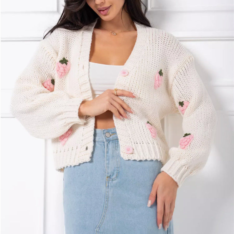 Damen Strickjacke mit floralem Stickdesign und geripptem Bund EB