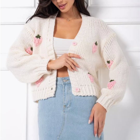 Damen Strickjacke mit floralem Stickdesign und geripptem Bund EB