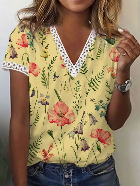 EB | Elegantes T-Shirt mit Kurzen Ärmeln und V-Ausschnitt Print für Damen