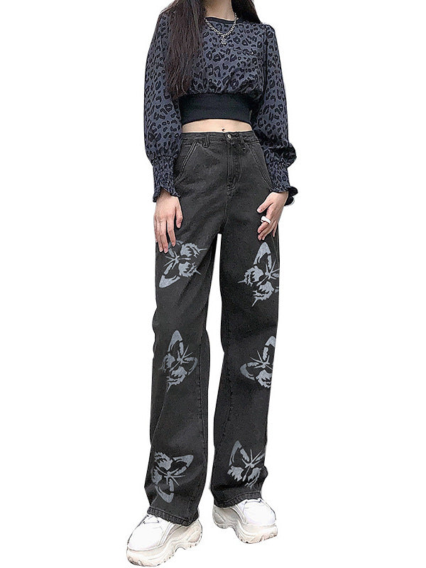 Damen Weit geschnittene Jeans mit kreativem Schmetterlingsdruck EB