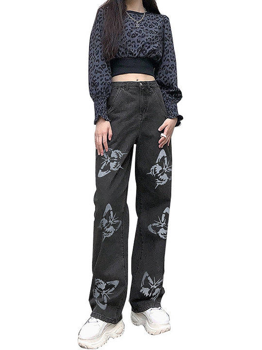 Damen Weit geschnittene Jeans mit kreativem Schmetterlingsdruck EB