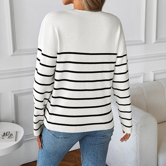 Damen Strickpullover mit V-Ausschnitt und modischem Streifenmuster EB