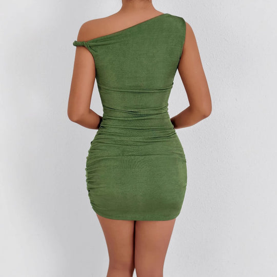 Damen gerafftes Minikleid mit asymmetrischem Ausschnitt und figurbetontem Schnitt EB