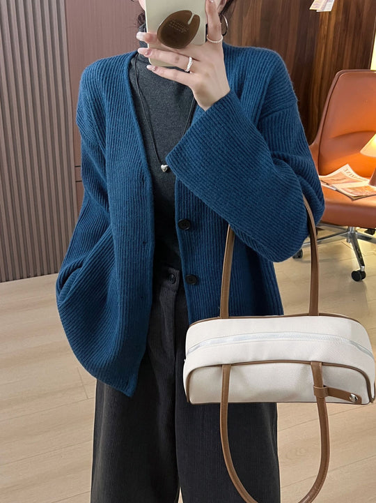 Damen Grob gestrickter Cardigan mit überschnittenen Schultern und Knopfverschluss EB