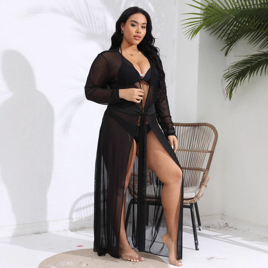 Damen transparenter Strandüberwurf mit verspieltem Taillengürtel EB
