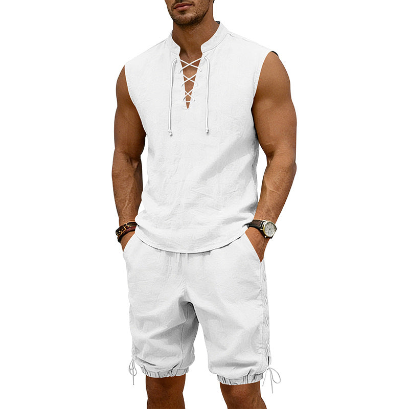 Herren nan ärmelloses Freizeit-Set mit Schnürkragen und Kordelzug-Bermuda EB