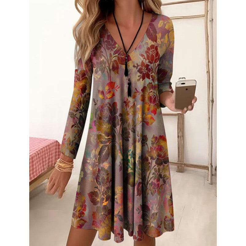 Damen V-Ausschnitt Freizeitkleid mit floraler Gestaltung und seitlichen Taschen EB