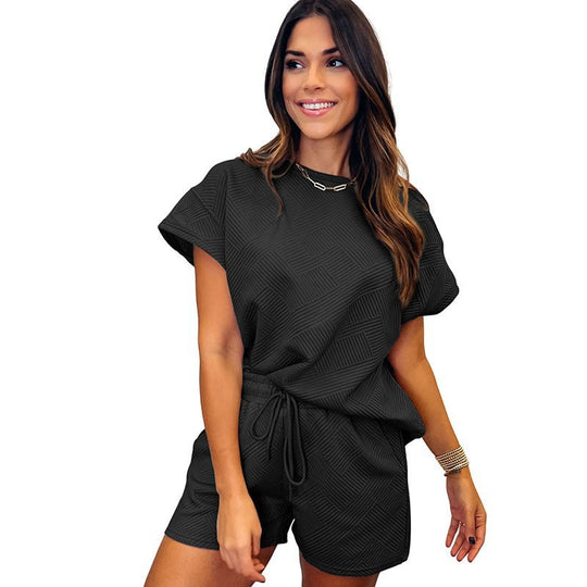 Damen gemütliches Freizeit-Set mit strukturiertem Oberteil und Shorts EB