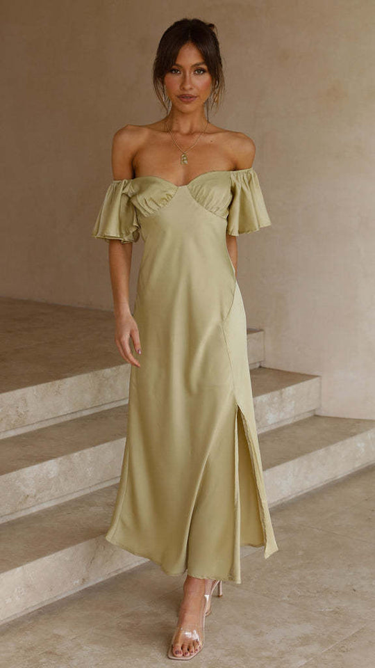 Damen Maxikleid mit voluminösen Rüschendetails und seitlichem Schlitz EB