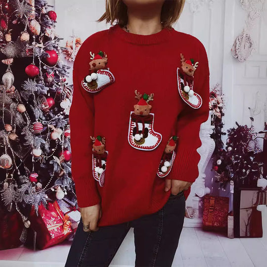 Damen Weihnachts-Strickpullover mit festlichem Rentier-Motiv und 3D-Details EB