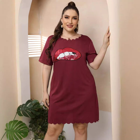 Damen lässiges Freizeitkleid mit verspieltem Lippen-Motiv EB