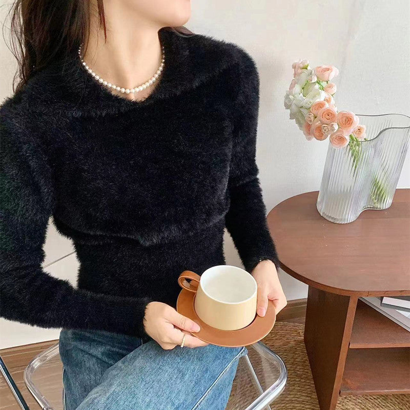 Damen Weicher Strickpullover mit elegantem Kragen und Puffärmeln EB