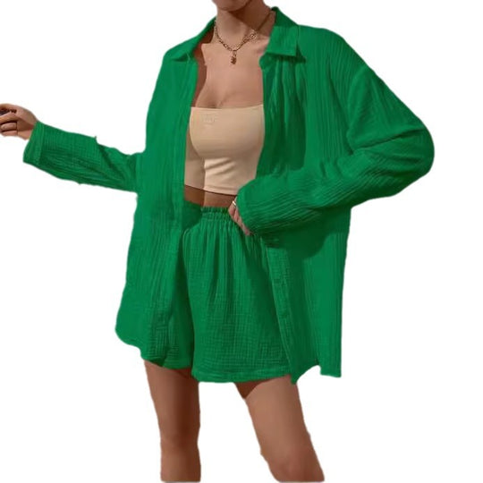 Damen nan luftig-leichter Zweiteiler Lounge-Set aus Baumwoll-Gauze mit Hemdbluse und elastischer Taillen-Shorts EB