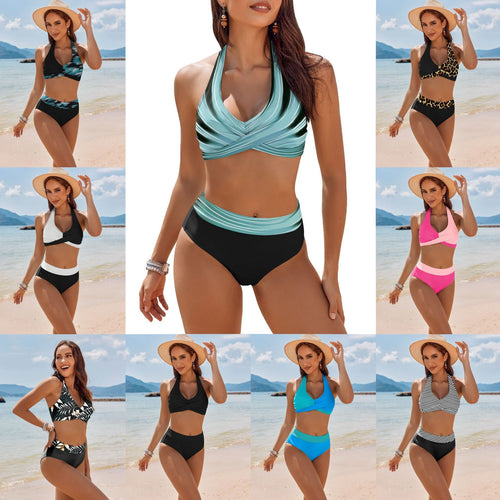 Damen Bikini-Set mit stilvollem Wickeloberteil und hoch geschnittenem Höschen EB