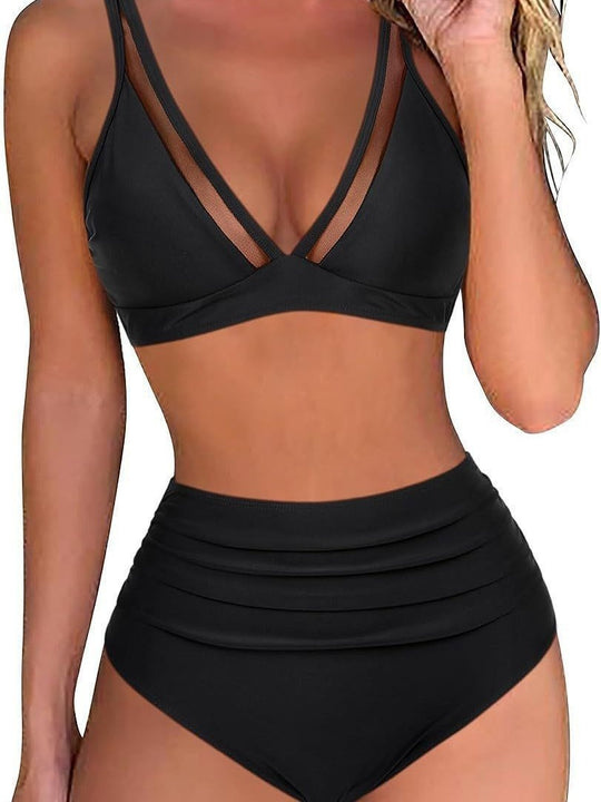 Damen Hoch tailliertes Bikini-Set mit Leopardenmuster und transparenten Einsätzen EB