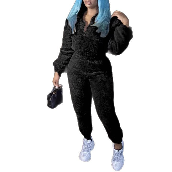 Damen nan kuscheliges Teddy-Lounge-Set mit Halbzip und Highwaist-Jogger EB