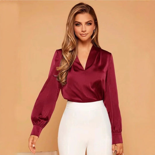 EB | V-Ausschnitt Langarm Satin Bluse