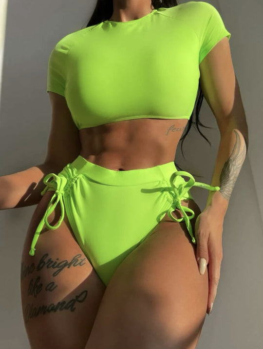 Damen Sportliches Bikini-Set mit hohem Bund und dekorativen Bindebändern EB